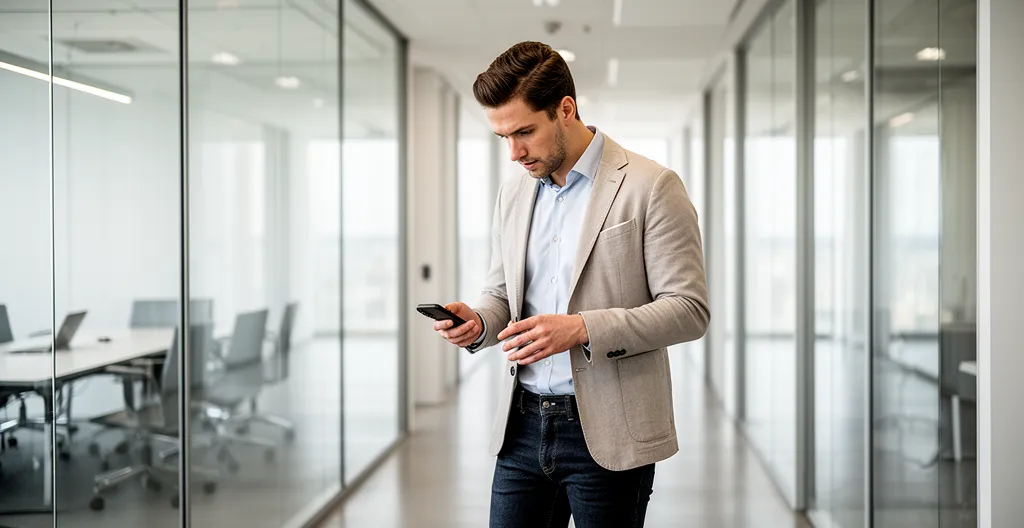 Sales professional in smart casual attire checking smartphone in modern office corridor
