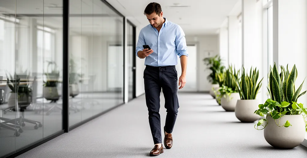 Sales professional checking smartphone for notifications while walking through office