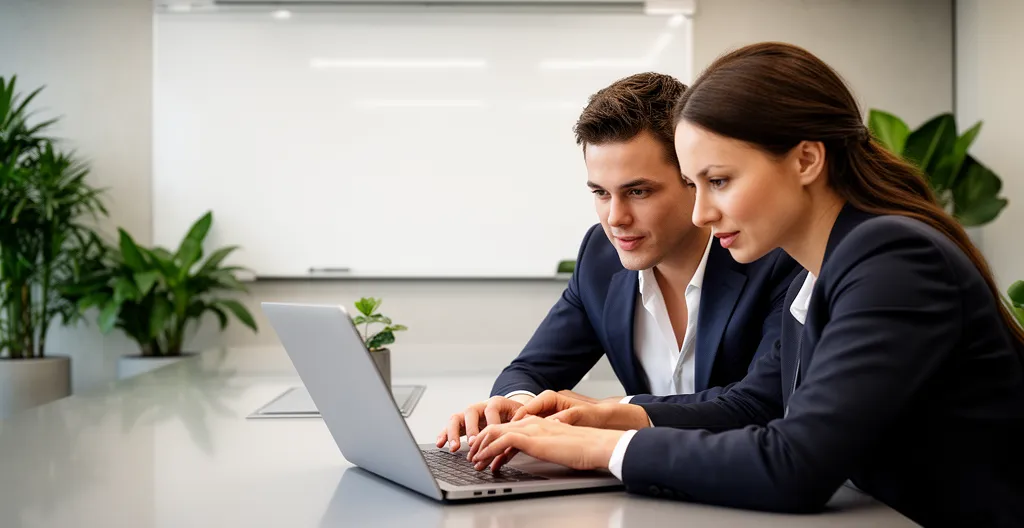 Two colleagues reviewing information on laptop screen together