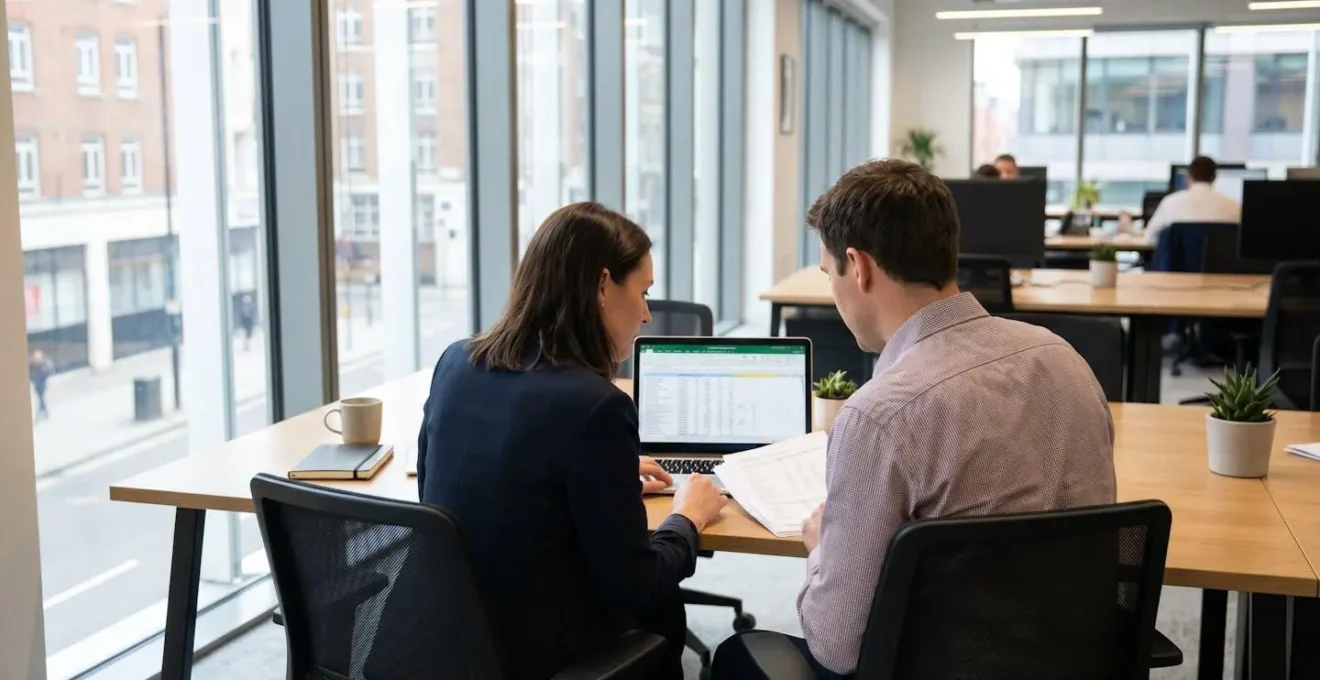 Two business professionals reviewing commission spreadsheet data in a contemporary office setting