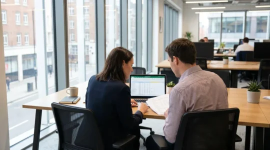 Two business professionals reviewing commission spreadsheet data in a contemporary office setting