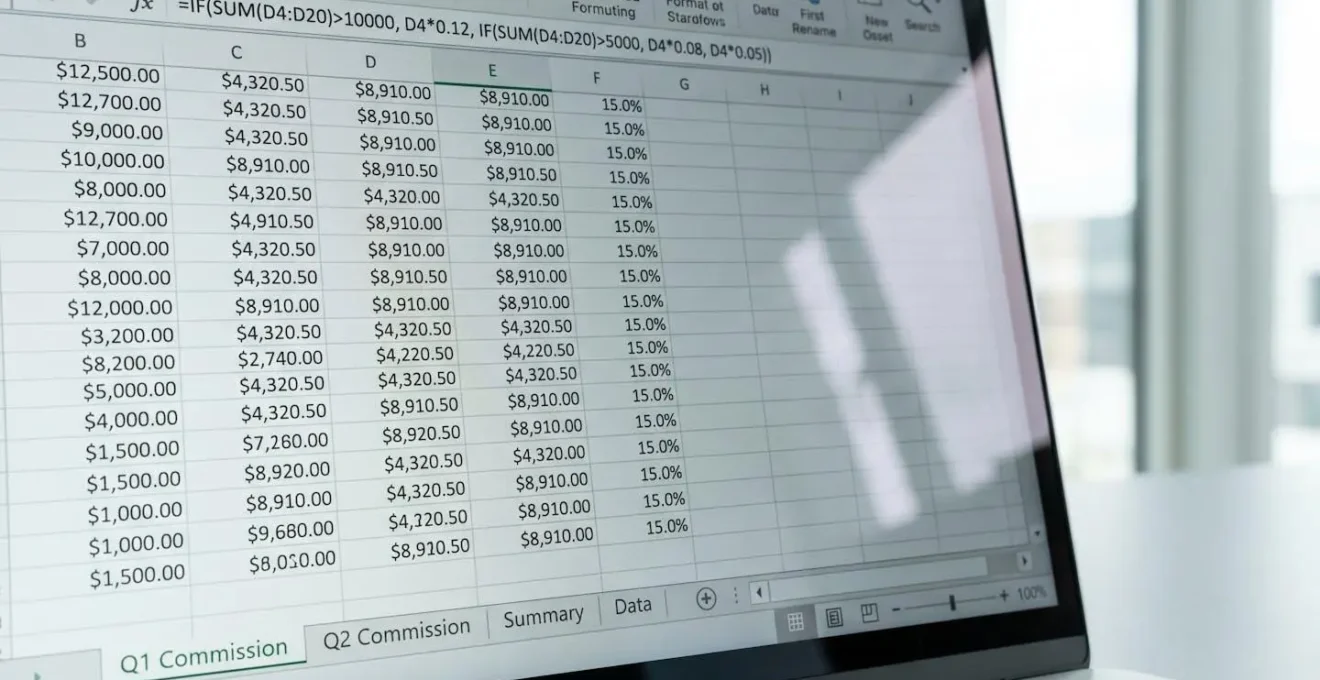 Laptop screen displaying complex commission calculation spreadsheet with multiple tabs and formulas